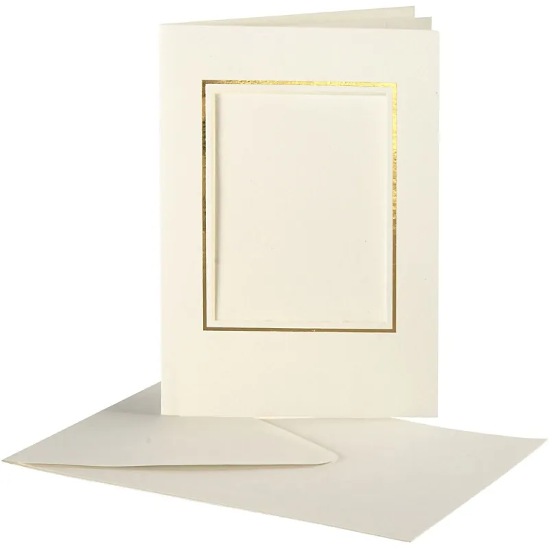 Passepartout-Karten mit Kuverts, Rechteckiger Ausschnitt mit Goldkante, Kartengröße 10,5x15 cm, Umschlaggröße 11,5x16,5 cm, Naturweiß, 10 Set/ 1 Pck