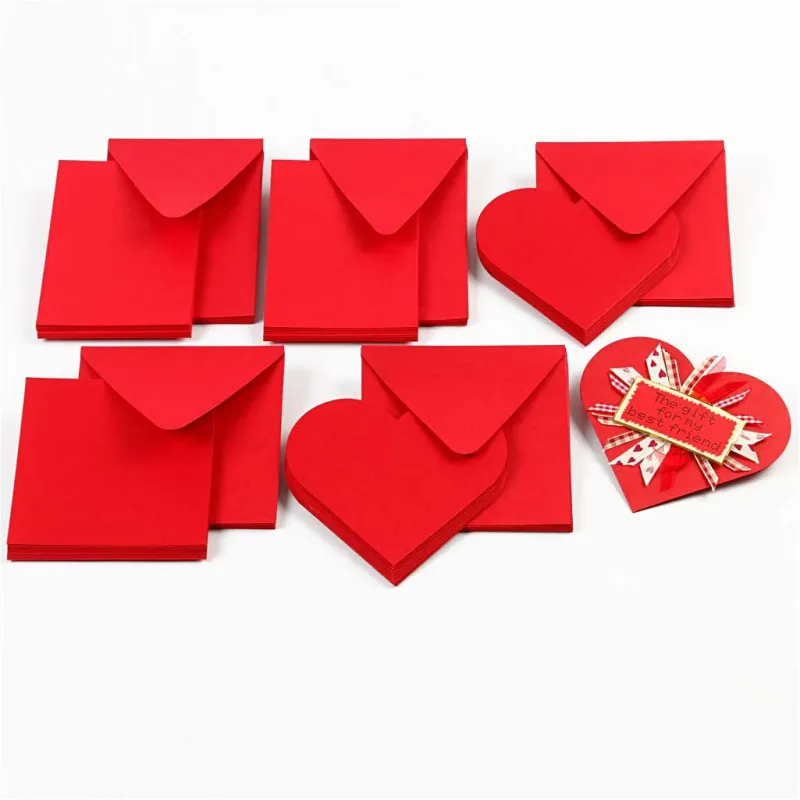 Karten in Herzform, Kartengröße 12,5x12,5 cm, Umschlaggröße 13,5x13,5 cm, Rot, 10 Set/ 1 Pck
