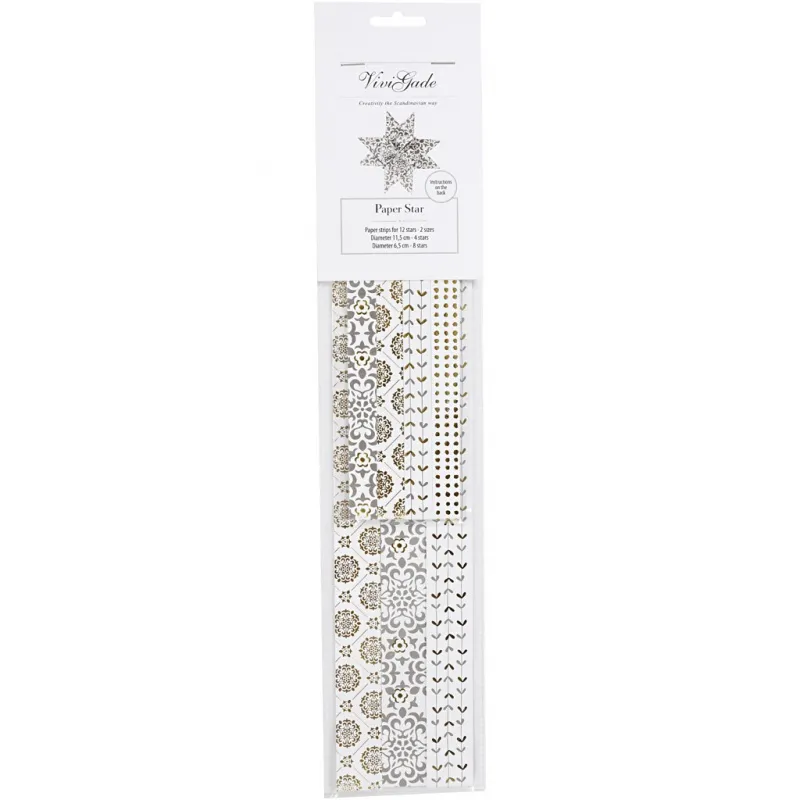 Papierstreifen für Fröbelsterne, L 44+78 cm, D 6,5+11,5 cm, B 15+25 mm, Gold, Weiß, 48 Streifen/ 1 Pck