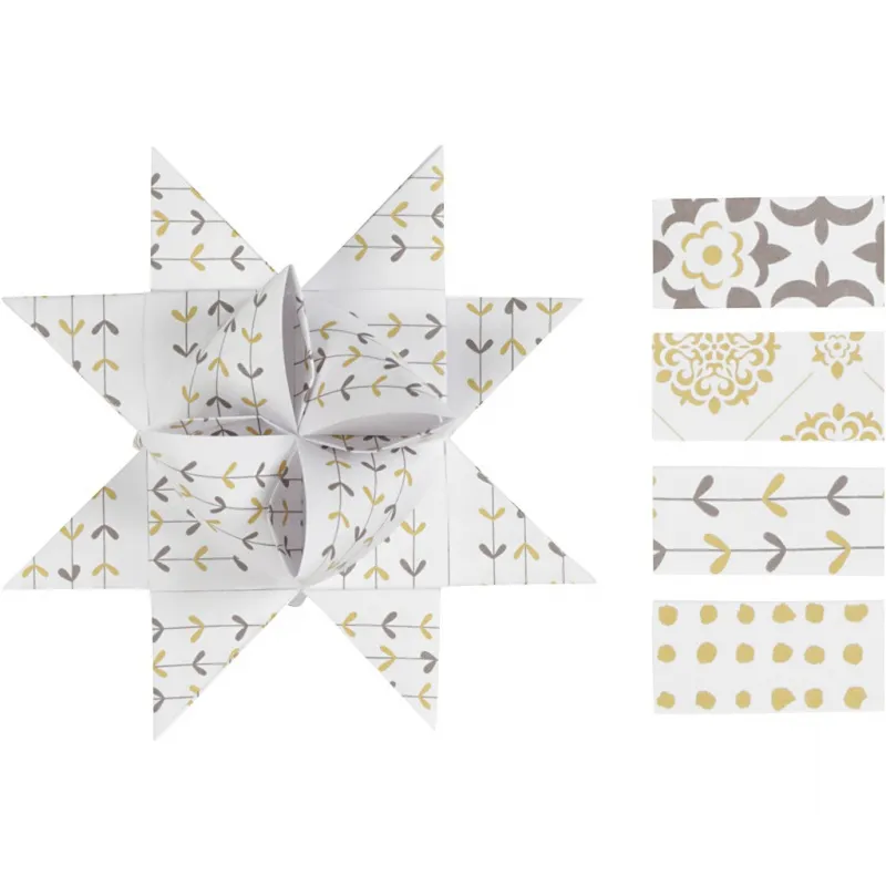 Papierstreifen für Fröbelsterne, L 44+78 cm, D 6,5+11,5 cm, B 15+25 mm, Gold, Weiß, 48 Streifen/ 1 Pck
