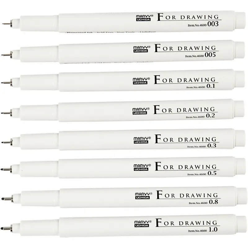 Fine Line Marker - Sortiment, Strichstärke 0,03+0,05+0,1+0,2+0,3+0,5+0,8+1,0 mm, Schwarz, 8 Stk/ 1 Pck