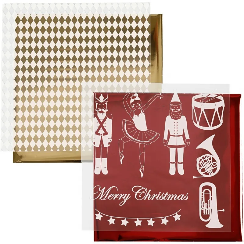 Deko- und Transferfolie, Nussknacker, Weihnachtsmann, Ballerina, Blatt 15x15 cm, Gold, Rot, Weiß, 4 Bl./ 1 Pck