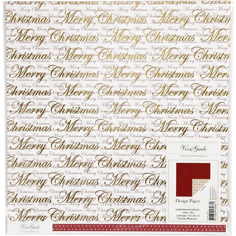 Design-Papier, Frohe Weihnachten & Punkte, Blatt 30,5x30,5 cm, 180 g, Gold, 3 Bl./ 1 Pck