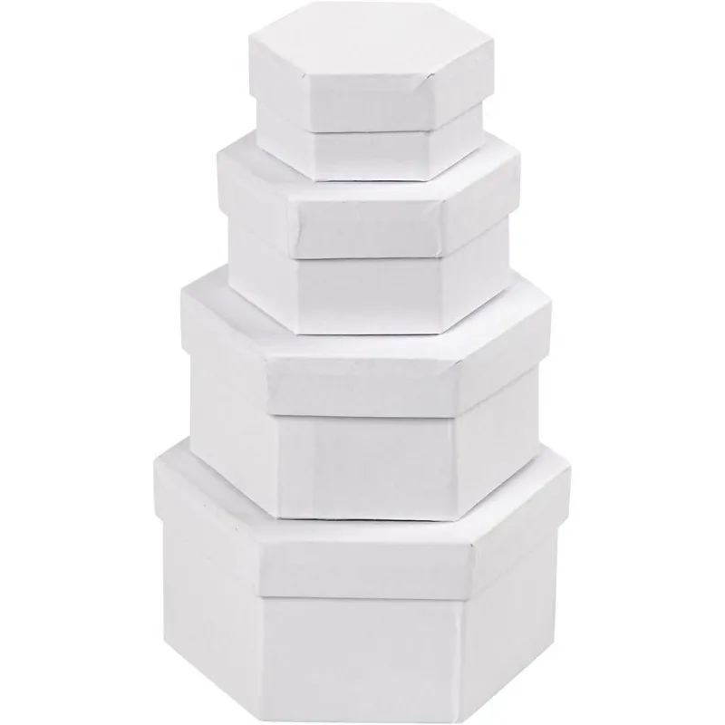Schachteln, sechseckig, Größe 6,5x4 + 8x5 + 10x6 + 12x7 cm, Weiß, 4 Stk/ 1 Set