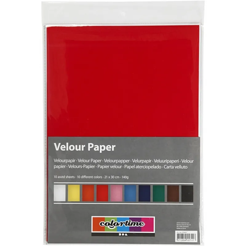 Velourpapier, A4, Blatt 210x297 mm, 140 g, Sortierte Farben, 10 Bl./ 1 Pck