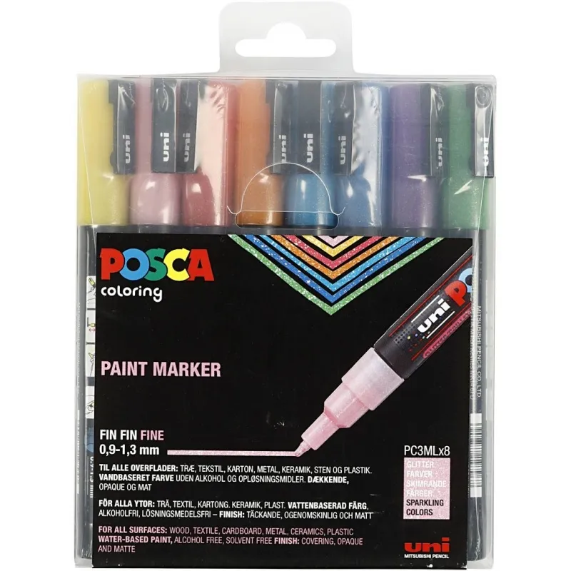 Posca Marker , Nr. PC-3ML, Strichstärke 0,9-1,3 mm, Glitter-Farben, 8 Stk/ 1 Pck