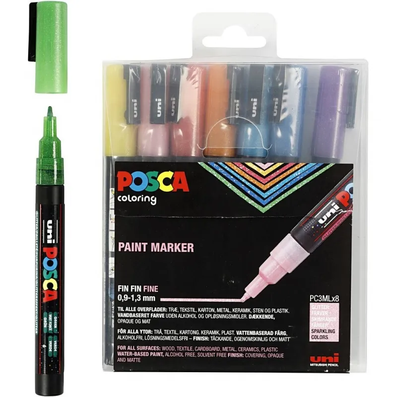 Posca Marker , Nr. PC-3ML, Strichstärke 0,9-1,3 mm, Glitter-Farben, 8 Stk/ 1 Pck