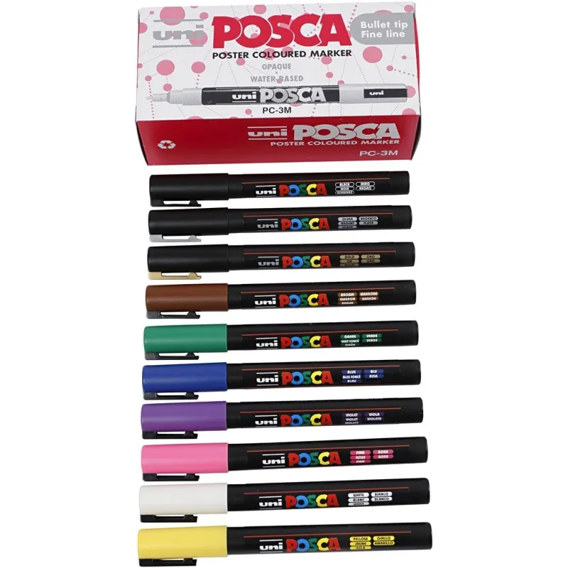 Posca Marker , Nr. PC-3M, Strichstärke 0,9-1,3 mm, fein, Sortierte Farben, 12 Stk/ 1 Pck