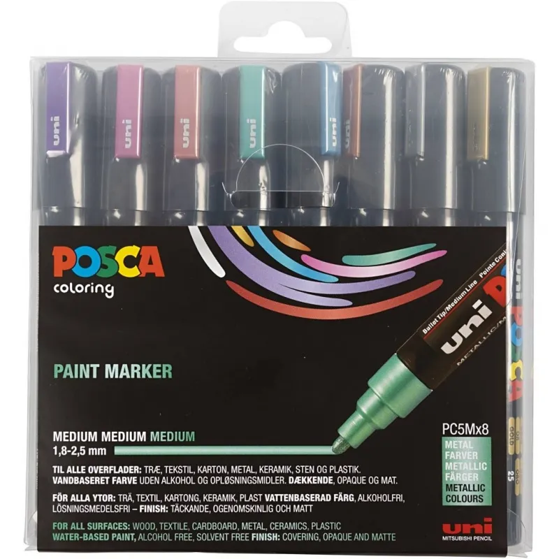 Posca Marker , Nr. PC-5M, Strichstärke 2,5 mm, Medium, Metallic-Farben, 8 Stk/ 1 Pck