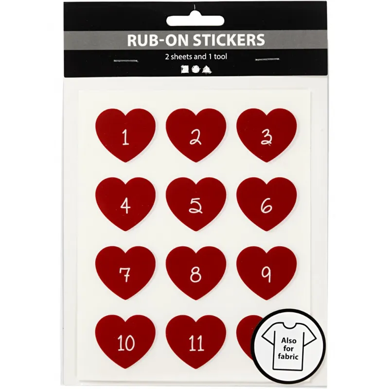 Rub-on Stickers, Adventkalender-Zahlen, H 32 mm, B 28 mm, Blatt 12,2x15,3 cm, Rot, 1 Pck