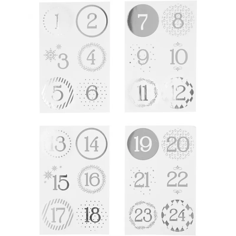 Sticker für Adventskalender, D 40 mm, Blatt 9x14 cm, Silber, Weiß, 4 Bl./ 1 Pck