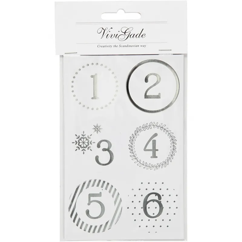 Sticker für Adventskalender, D 40 mm, Blatt 9x14 cm, Silber, Weiß, 4 Bl./ 1 Pck