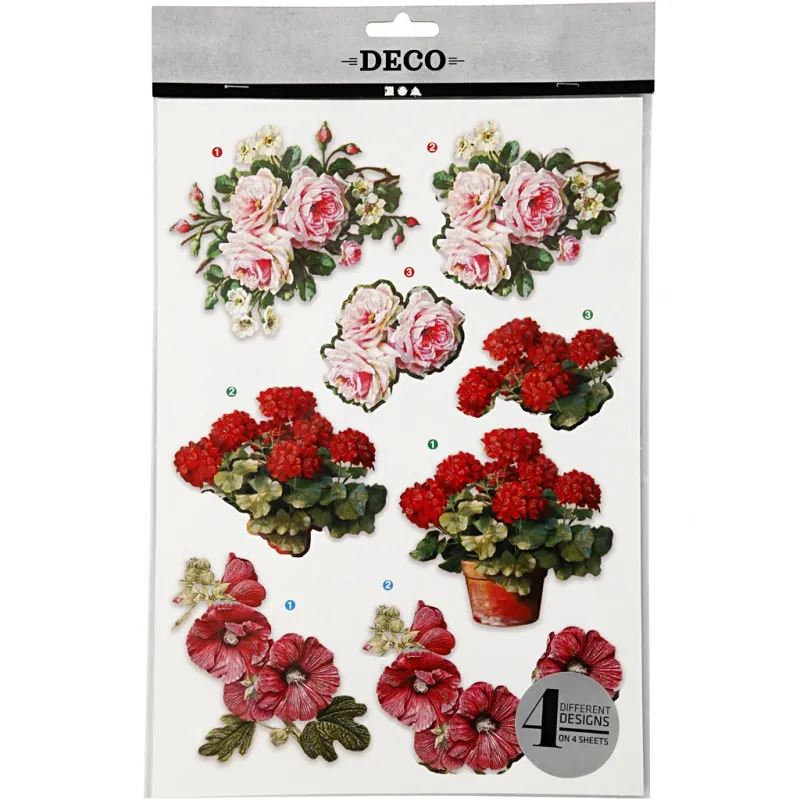 3D-Découpage-Motive, Blumen, Blatt 21x30 cm, 4 Bl./ 1 Pck