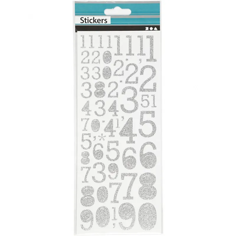 Glitzeraufkleber, Zahlen, Blatt 10x24 cm, Silber, 2 Bl./ 1 Pck
