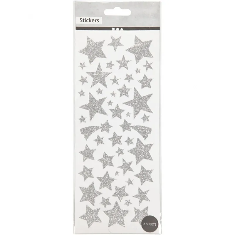 Glitzeraufkleber, Sterne, Blatt 10x24 cm, ca. 110 Stk, Silber, 2 Bl./ 1 Pck
