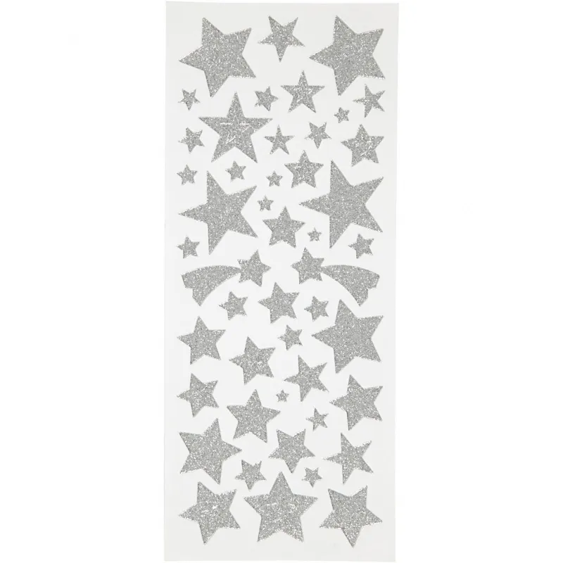 Glitzeraufkleber, Sterne, Blatt 10x24 cm, ca. 110 Stk, Silber, 2 Bl./ 1 Pck