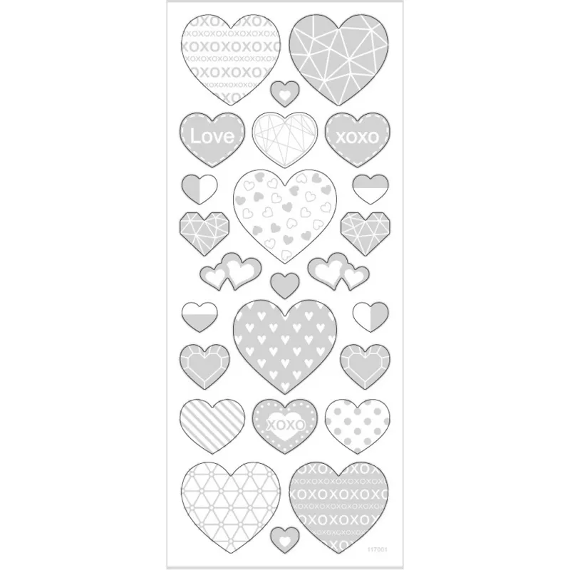 Stickers, Herzen, Blatt 10x24 cm, ca. 25 Stk, Silber, 1 Bl.