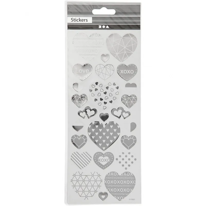Stickers, Herzen, Blatt 10x24 cm, ca. 25 Stk, Silber, 1 Bl.