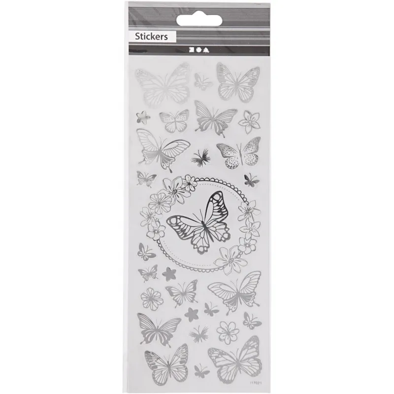 Sticker mit Sternen, Schmetterling, Blatt 10x24 cm, ca. 28 Stk, Silber, 1 Bl.