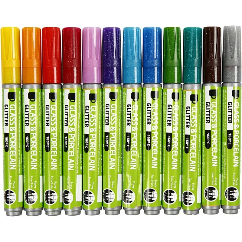 Glas-/Porzellanmalstift, Glitter, Strichstärke 2-4 mm, Halbdeckend, Sortierte Farben, 12 Stk/ 1 Pck