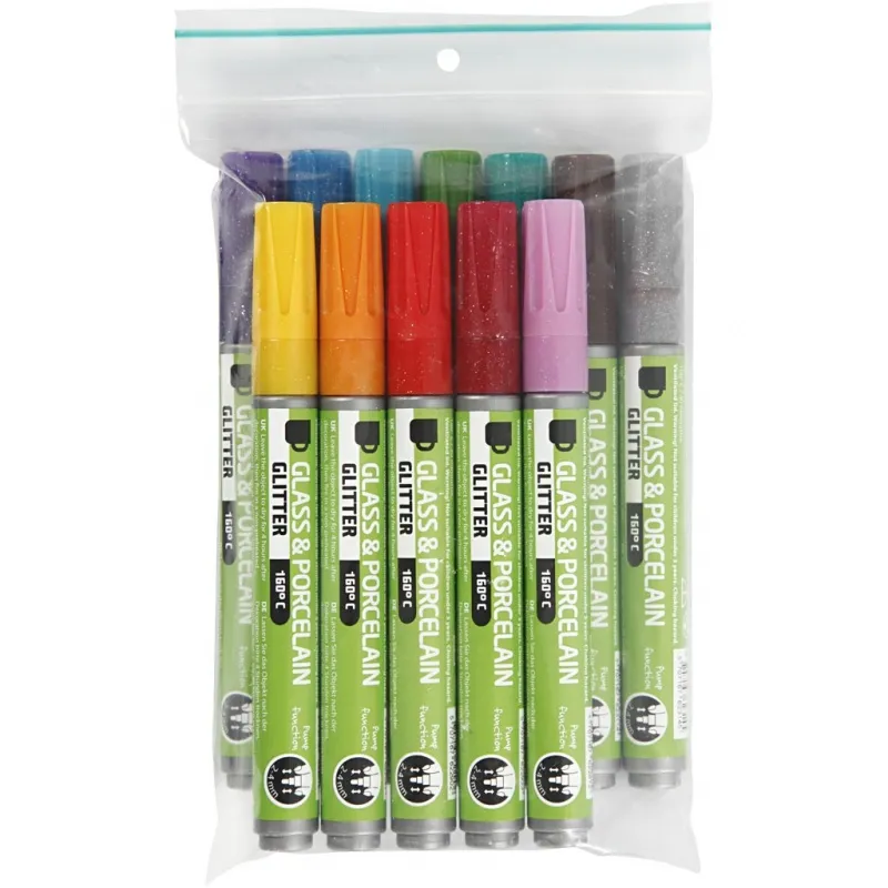 Glas-/Porzellanmalstift, Glitter, Strichstärke 2-4 mm, Halbdeckend, Sortierte Farben, 12 Stk/ 1 Pck