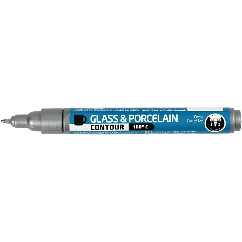 Konturenstift für Glas/Porzellan, Strichstärke 1-2 mm, Deckend, Silber, 1 Stk