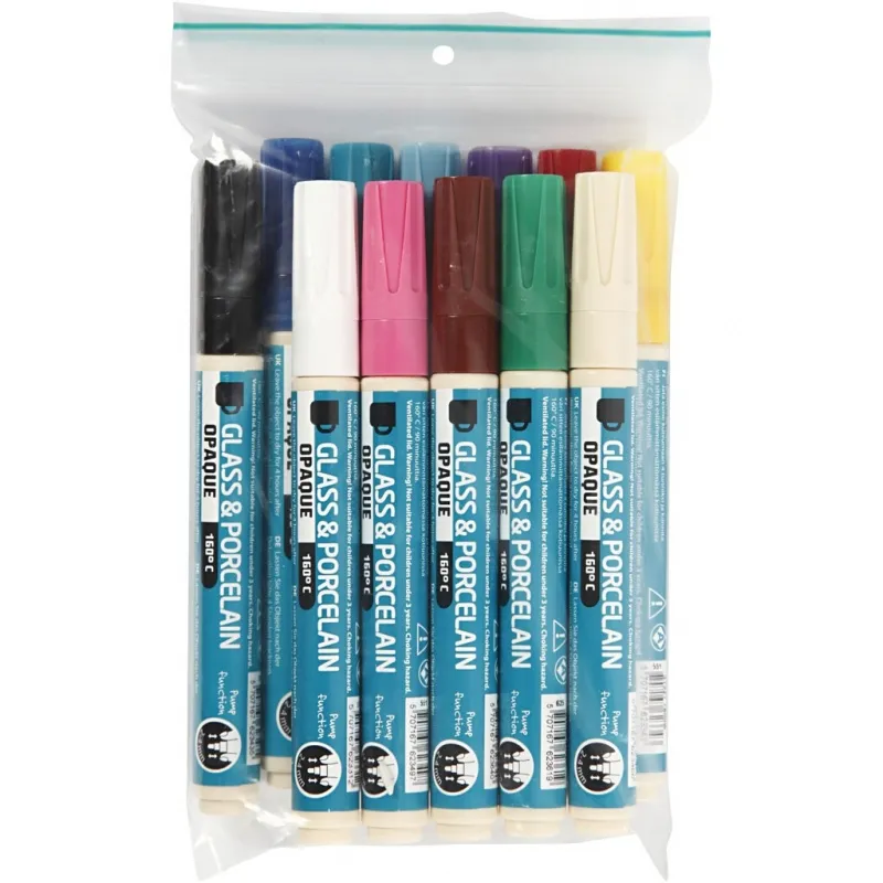 Glas- und Porzellanmalstift, Strichstärke 2-4 mm, Deckend, Sortierte Farben, 12 Stk/ 1 Pck