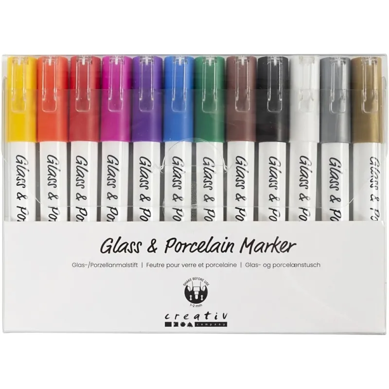 Glas-/Porzellanmalstift, Strichstärke 1-2 mm, Halbdeckend, Sortierte Farben, 12 Stk/ 1 Pck