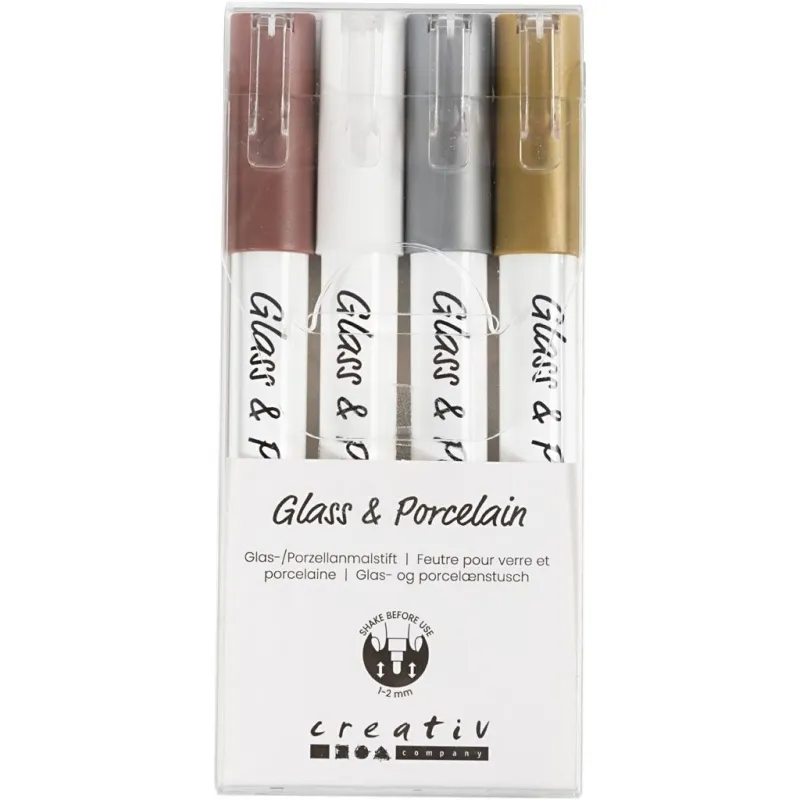 Glas-/Porzellanmalstift, Strichstärke 1-2 mm, Halbdeckend, Braun, Gold, Silber, Weiß, 4 Stk/ 1 Pck