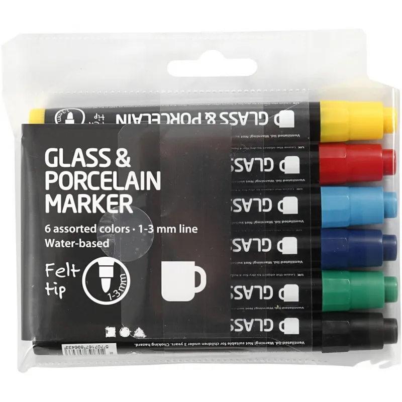 Glas-/Porzellanmarker, Strichstärke 1-3 mm, Halbdeckend, 6 Stk/ 1 Pck