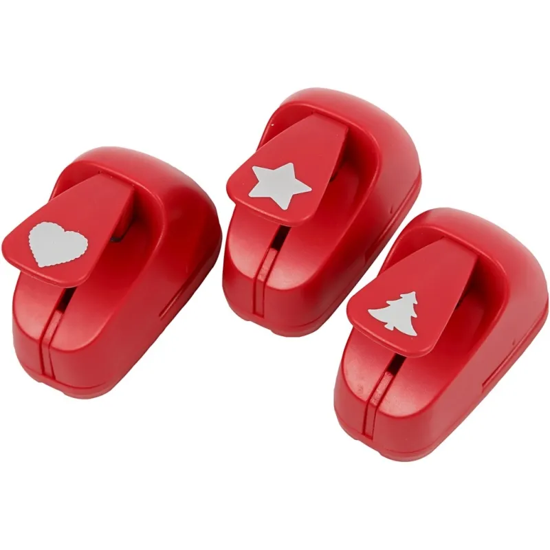Motivstanzer, Stern, Herz, Weihnachtsbaum, Größe 16 mm, Rot, 3 Stk/ 1 Set