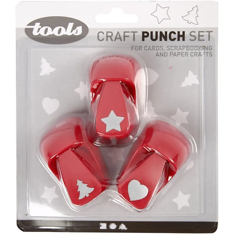 Motivstanzer, Stern, Herz, Weihnachtsbaum, Größe 16 mm, Rot, 3 Stk/ 1 Set