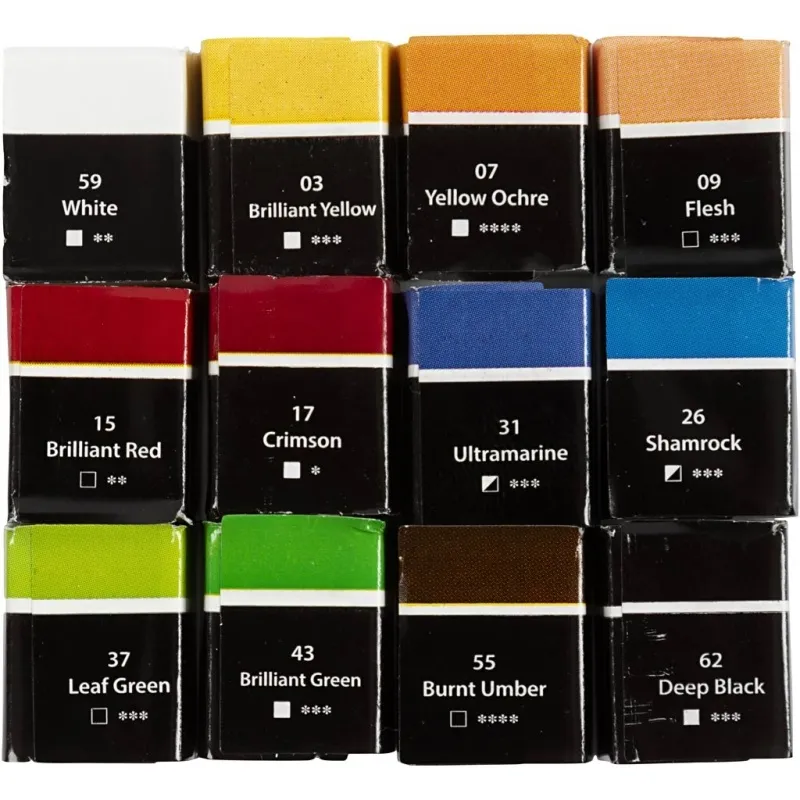 Art Aquarellfarben, Halbwannen, Größe 10x15x20 mm, Standard-Farben, 12 Farbe/ 1 Pck