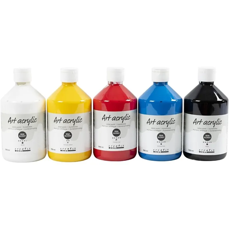 Acrylfarben, Mattglänzend, Primärfarben, 5x500 ml/ 1 Pck