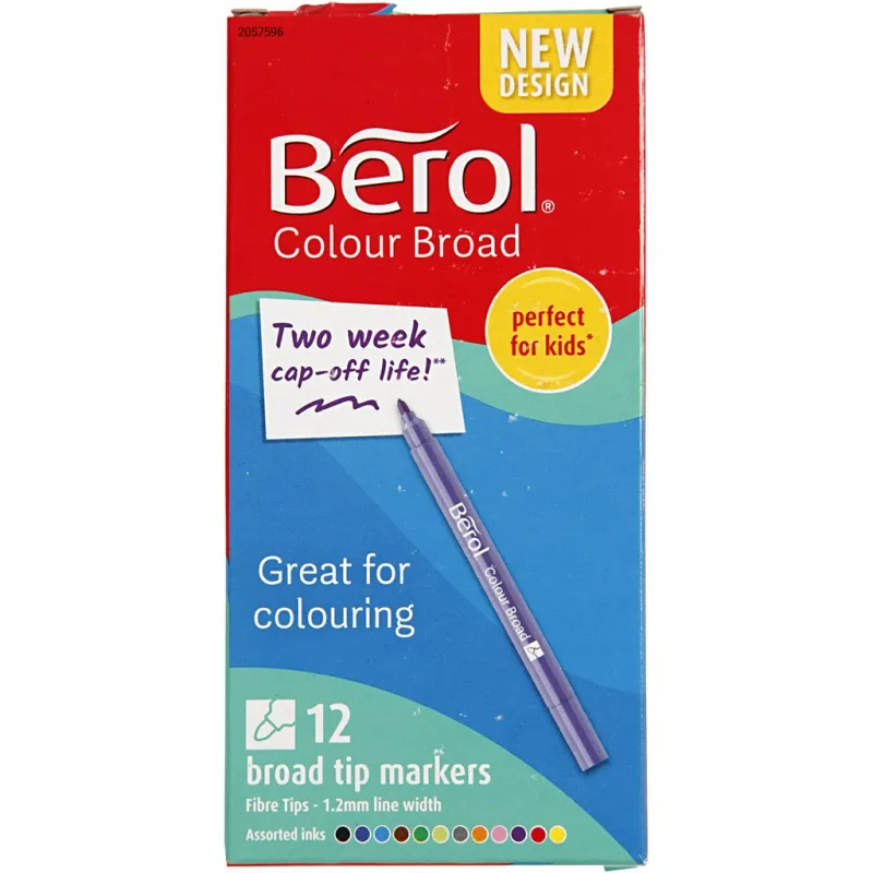 Berol Colour Broad Filzstifte, D 10 mm, Strichstärke 1-1,7 mm, Sortierte Farben, 12 Stk/ 1 Pck
