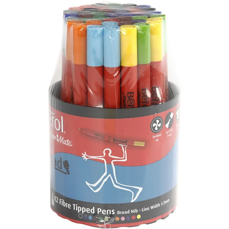 Berol Colour Broad Filzstifte, D 10 mm, Strichstärke 1-1,7 mm, Sortierte Farben, 42 Stk/ 1 Dose
