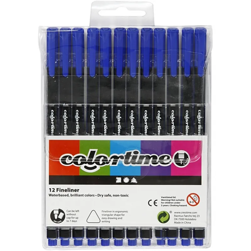 Colortime Fineliner Filzstifte, Strichstärke 0,6-0,7 mm, Dunkelblau, 12 Stk/ 1 Pck