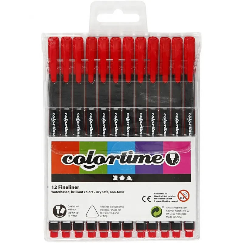Colortime Fineliner Filzstifte, Strichstärke 0,6-0,7 mm, Rot, 12 Stk/ 1 Pck
