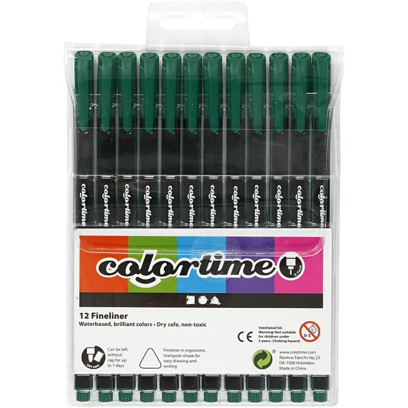 Colortime Fineliner Filzstifte, Strichstärke 0,6-0,7 mm, Dunkelgrün, 12 Stk/ 1 Pck