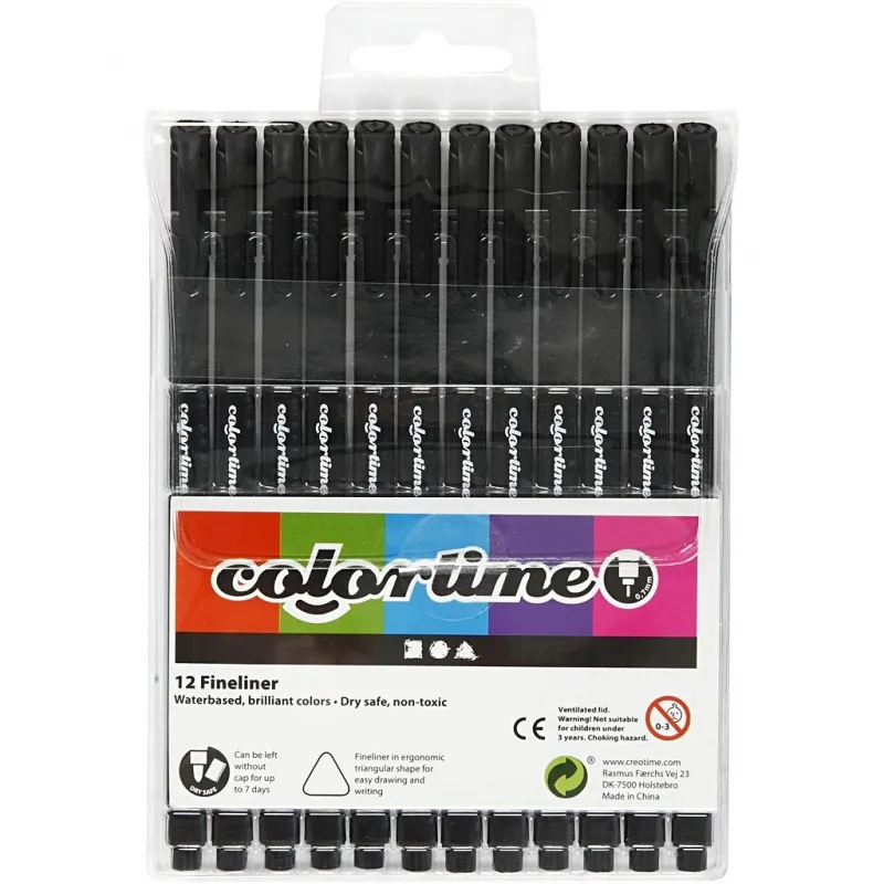 Colortime Fineliner Filzstifte, Strichstärke 0,6-0,7 mm, Schwarz, 12 Stk/ 1 Pck