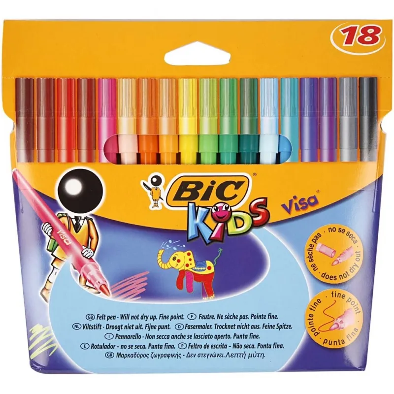 BIC Visa Fine Filzstifte - Sortiment, Strichstärke 1,6 mm, Sortierte Farben, 18 Stk/ 1 Pck
