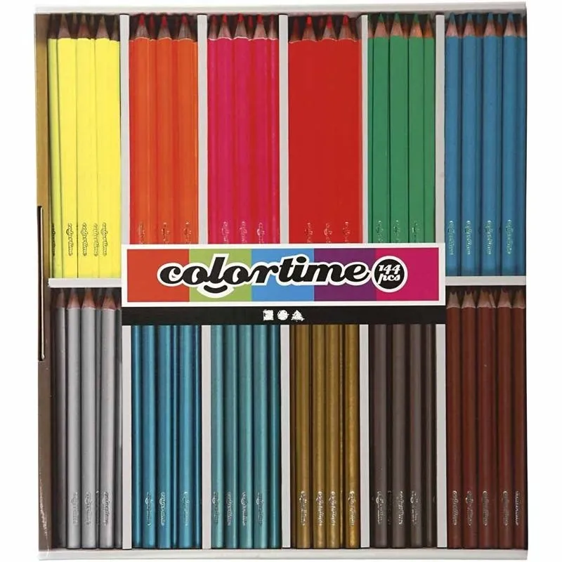 Colortime Buntstifte, L 17,45 cm, Mine 4 mm, Metallic-Farben, Neonfarben, 144 Stk/ 1 Pck