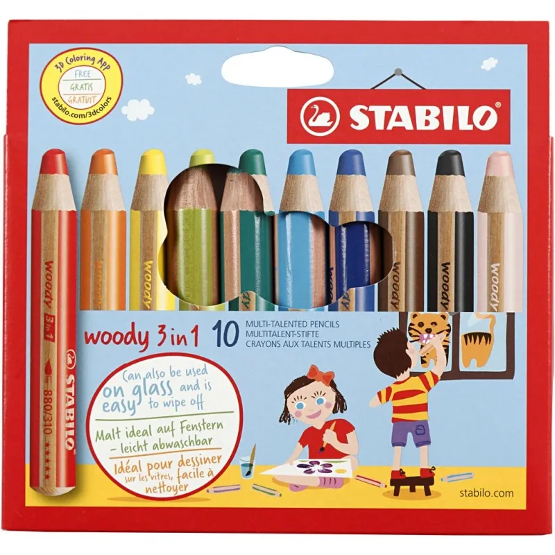 Woody 3-in-1 Buntstifte, L 11 cm, Dicke 16 mm, Mine 10 mm, Sortierte Farben, 10 Stk/ 1 Pck