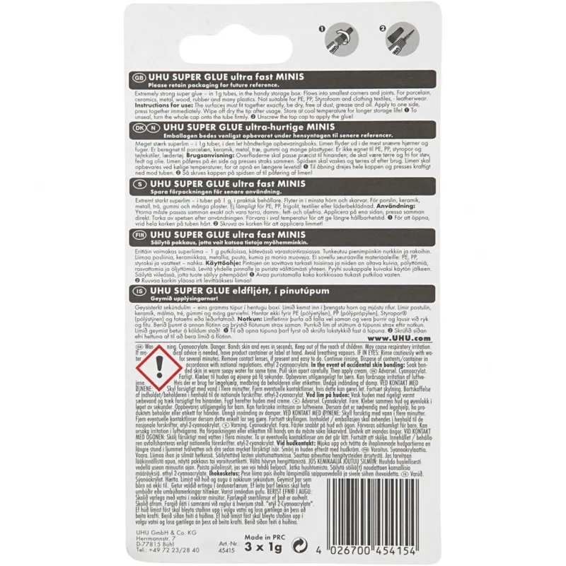UHU Sekundenkleber, 3x1 g/ 1 Pck