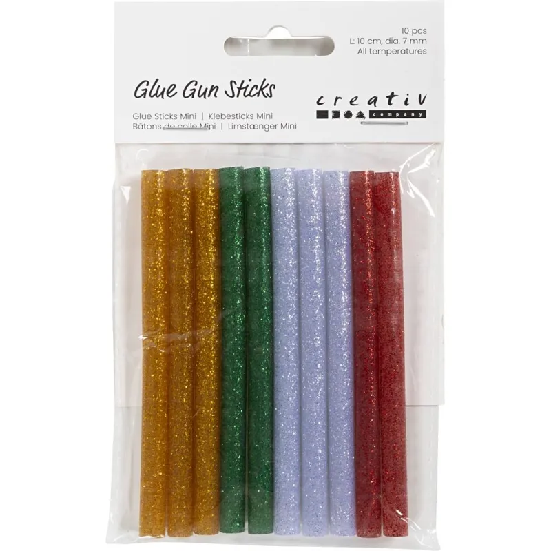 Klebesticks Mini, L 10 cm, D 7 mm, Glitter, Gold, Grün, Rot, Silber, 10 Stk/ 1 Pck