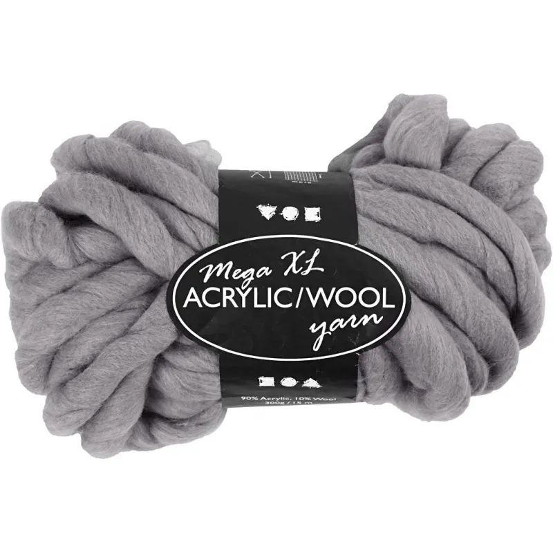 XL-Chunky-Garn aus Polyacryl/Wolle, L 15 m, Größe mega, Grau, 300 g/ 1 Knäuel