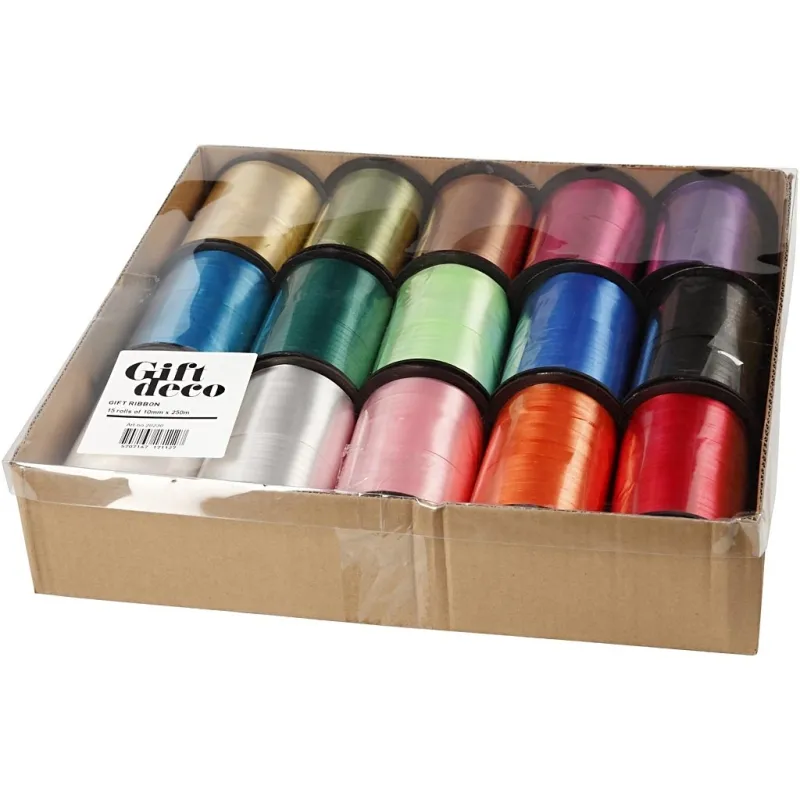Kräuselband - Sortiment , B 10 mm, Glänzend, Sortierte Farben, 15x250 m/ 1 Pck