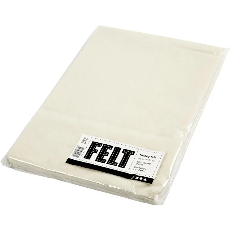 Bastelfilz, A4, Blatt 210x297 mm, Dicke 1,5-2 mm, Naturweiß, 10 Bl./ 1 Pck