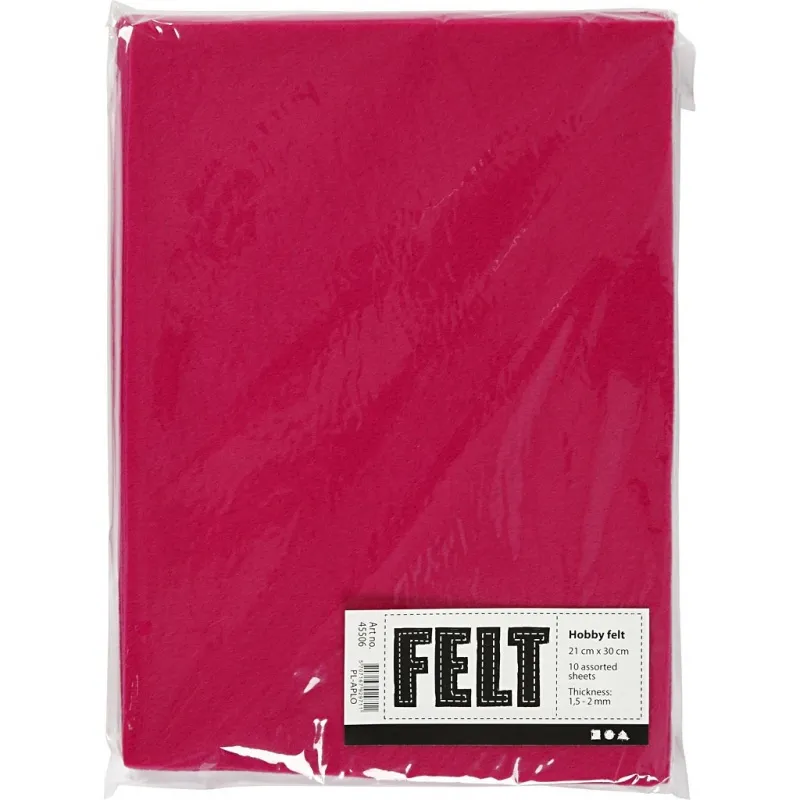 Bastelfilz, A4, Blatt 210x297 mm, Dicke 1,5-2 mm, Pink, 10 Bl./ 1 Pck