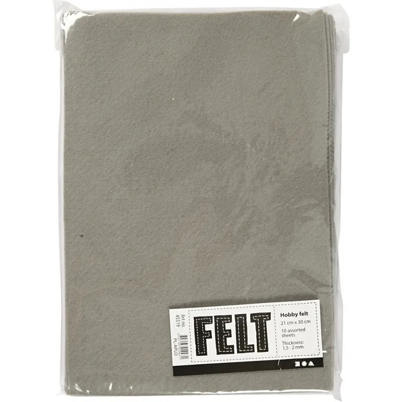 Bastelfilz, A4, Blatt 210x297 mm, Dicke 1,5-2 mm, Grau, 10 Bl./ 1 Pck